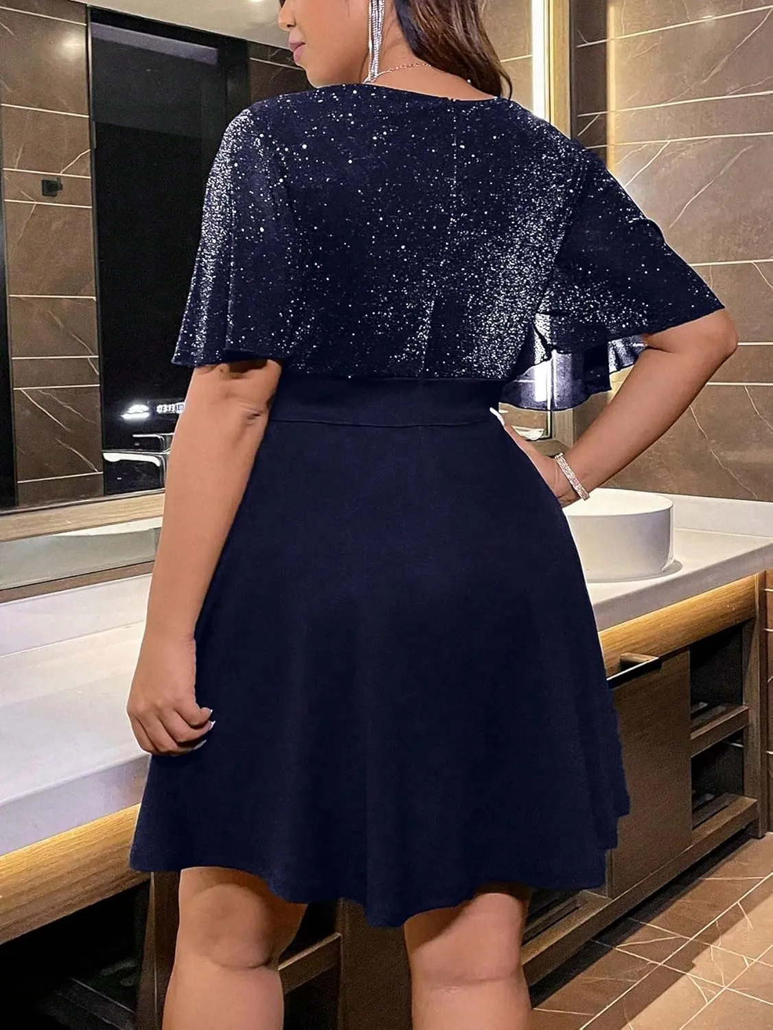 Floerns Women's Plus Size Glitter Wrap V Neck Short Sleeve Party A Line Dress
