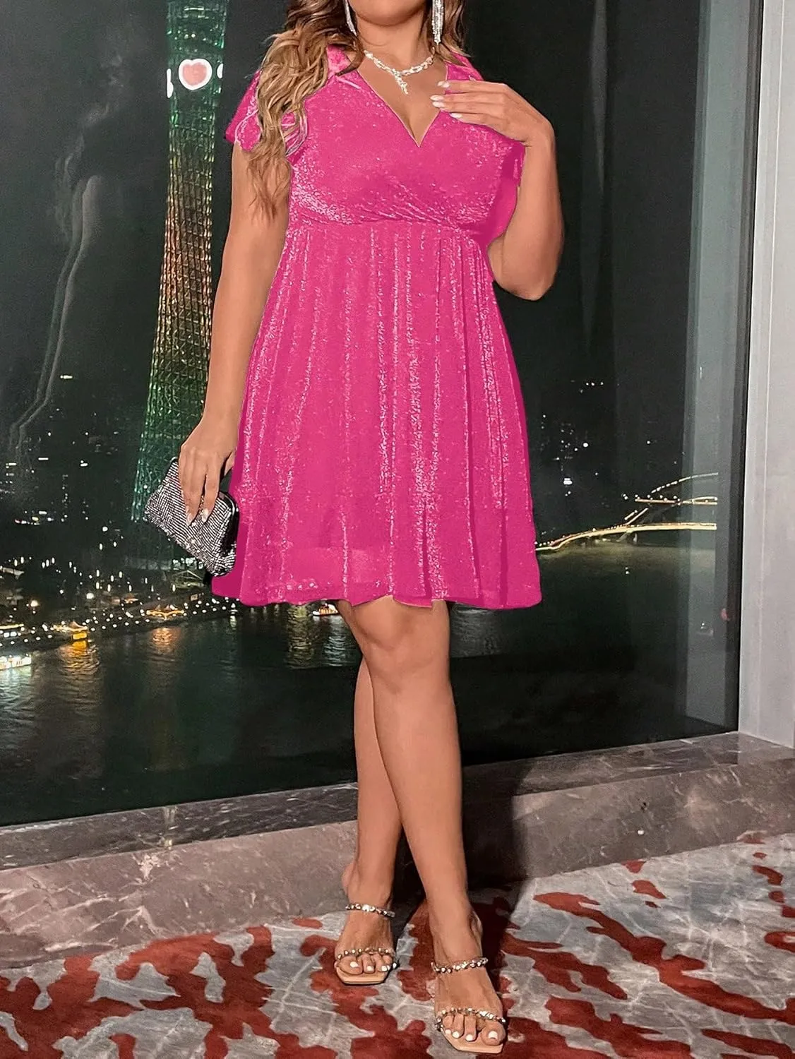 Floerns Women's Plus Size Glitter Wrap V Neck Short Sleeve Party A Line Dress