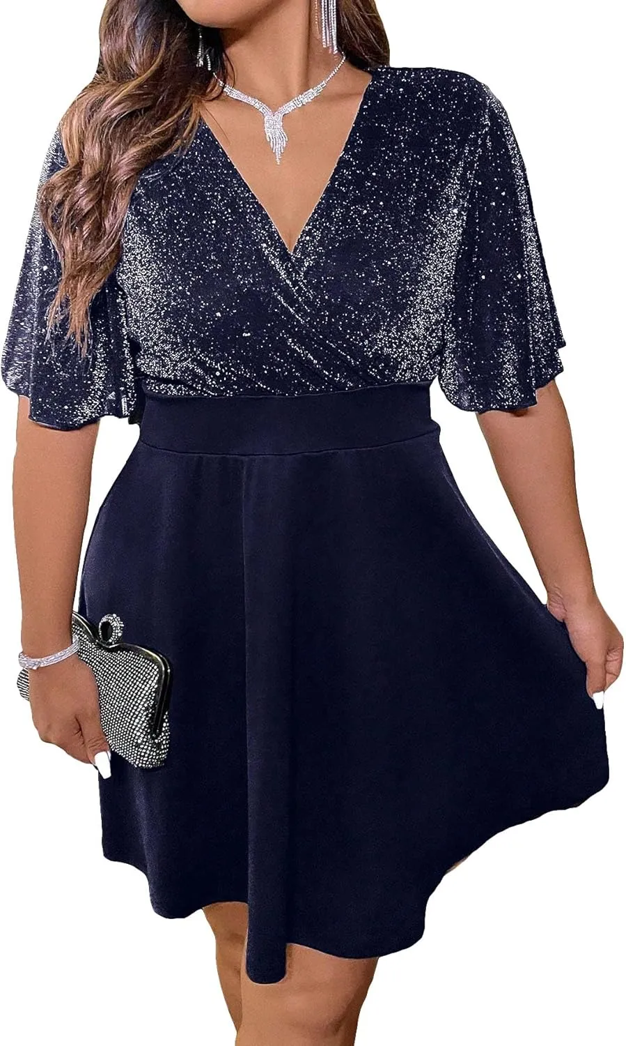 Floerns Women's Plus Size Glitter Wrap V Neck Short Sleeve Party A Line Dress