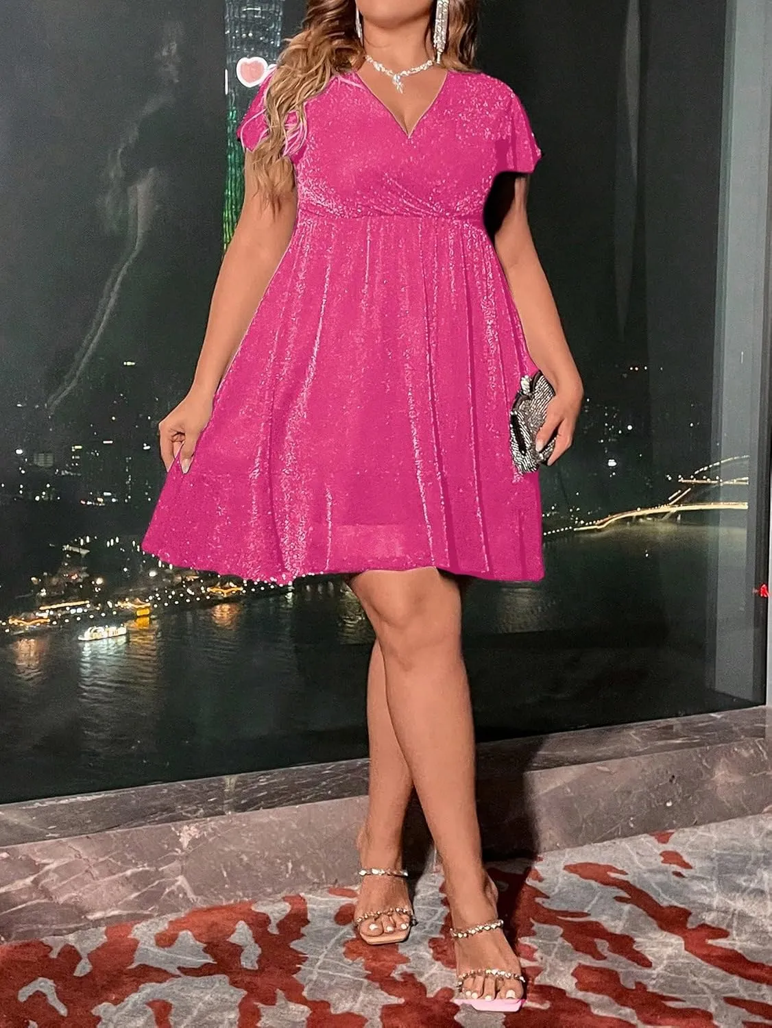 Floerns Women's Plus Size Glitter Wrap V Neck Short Sleeve Party A Line Dress