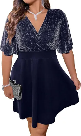 Floerns Women's Plus Size Glitter Wrap V Neck Short Sleeve Party A Line Dress