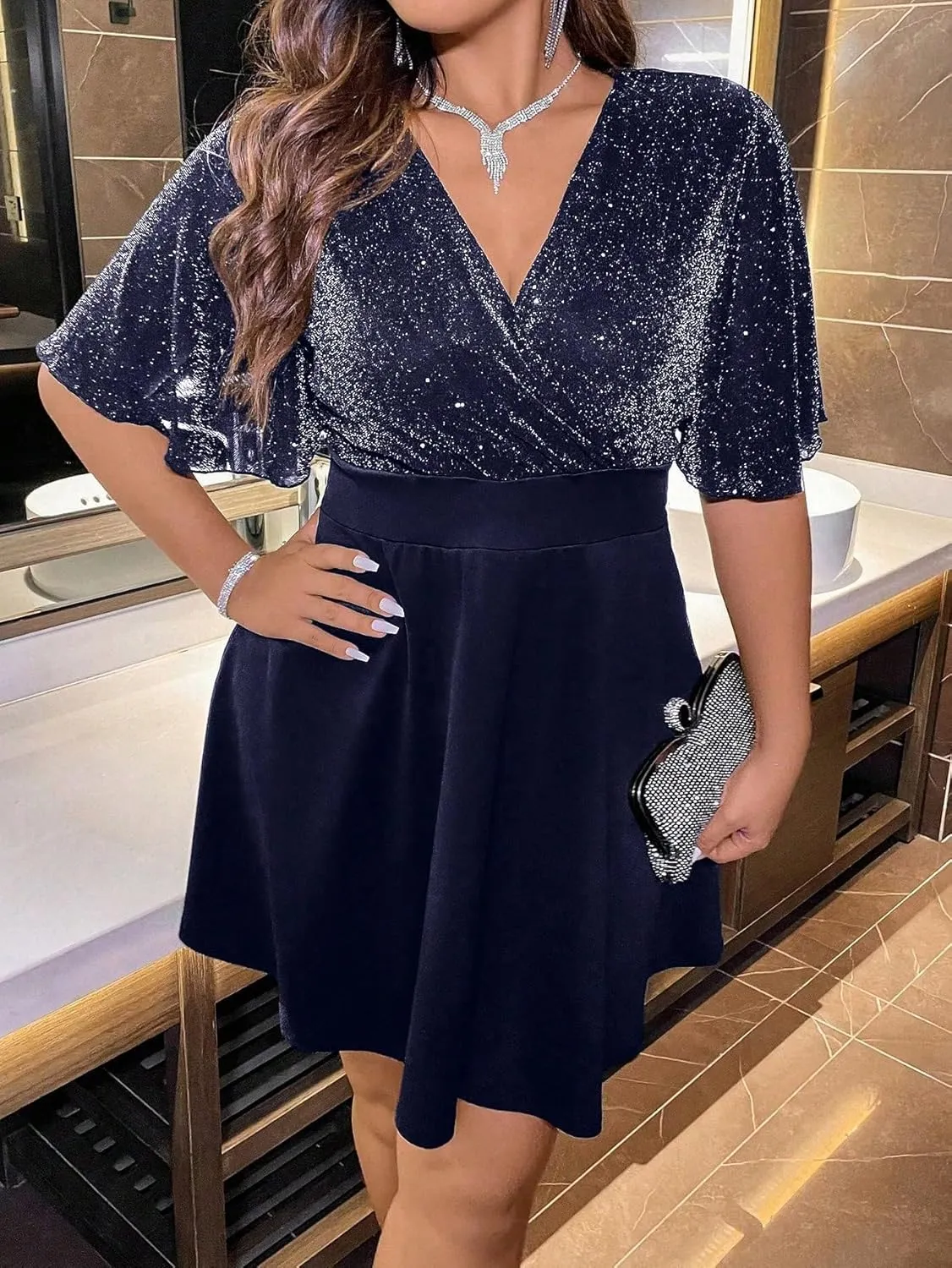 Floerns Women's Plus Size Glitter Wrap V Neck Short Sleeve Party A Line Dress