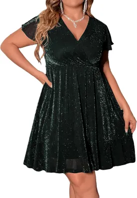 Floerns Women's Plus Size Glitter Wrap V Neck Short Sleeve Party A Line Dress