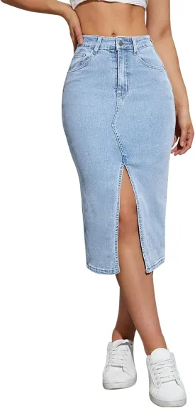 High Waisted Front Split Midi Denim Skirt Casual Stretch Knee Length A line Jean Skirt for Women
