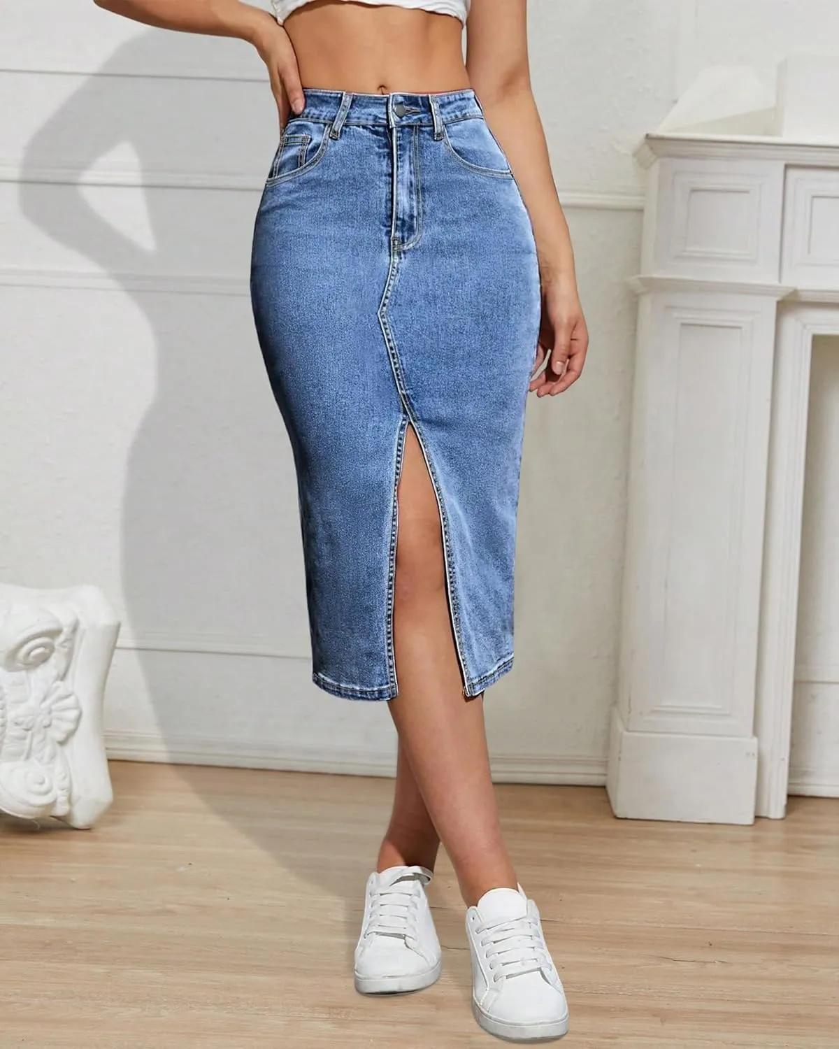High Waisted Front Split Midi Denim Skirt Casual Stretch Knee Length A line Jean Skirt for Women