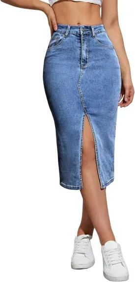 High Waisted Front Split Midi Denim Skirt Casual Stretch Knee Length A line Jean Skirt for Women