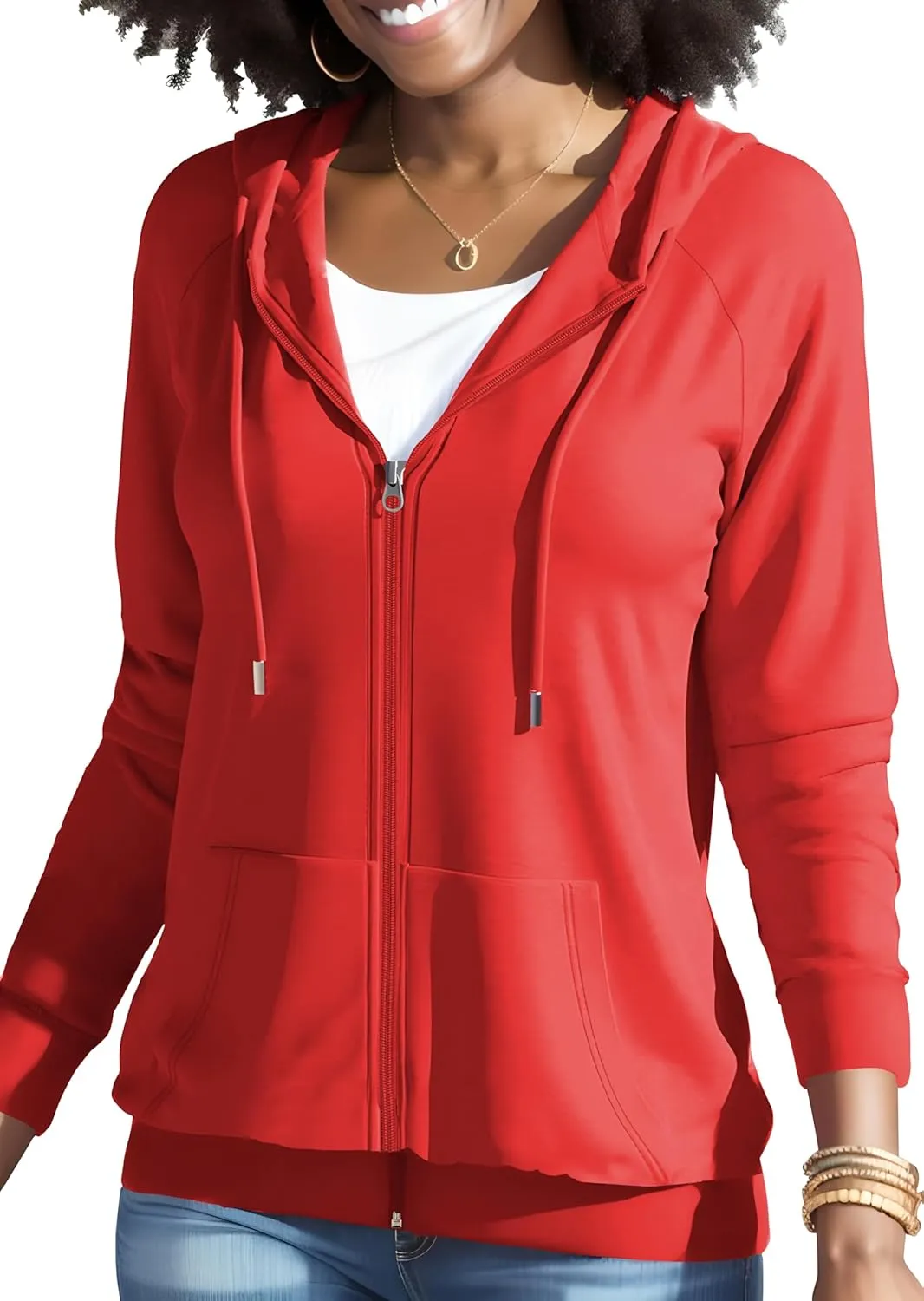 HTD Women Casual Full Zip Up Hoodie Basic Lightweight Long Sleeve Sweatshirt Solid Color Jacket With Pockets