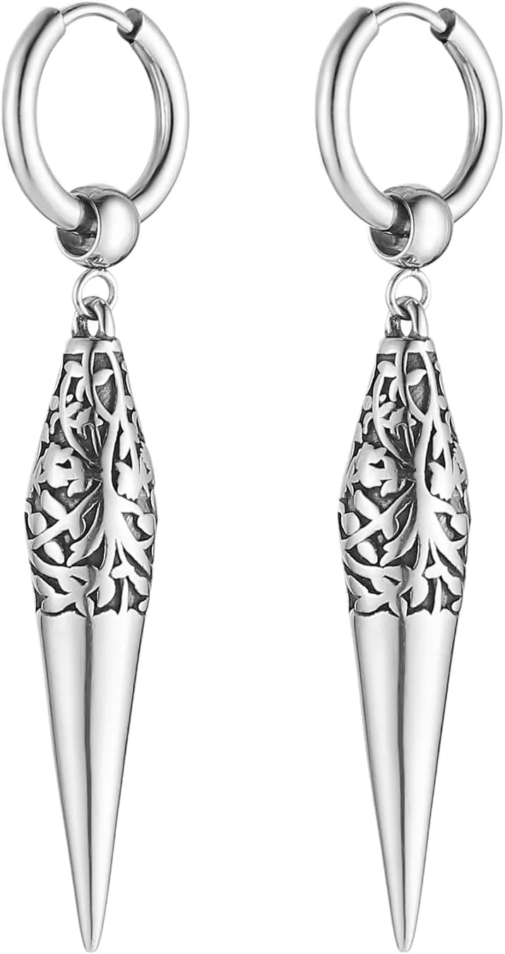 HZMAN Spike Dangle Drop Earring for Men Retro Gothic Stainless Steel Awl Earring Hinged Huggie Hoop Earring Jewelry Gift