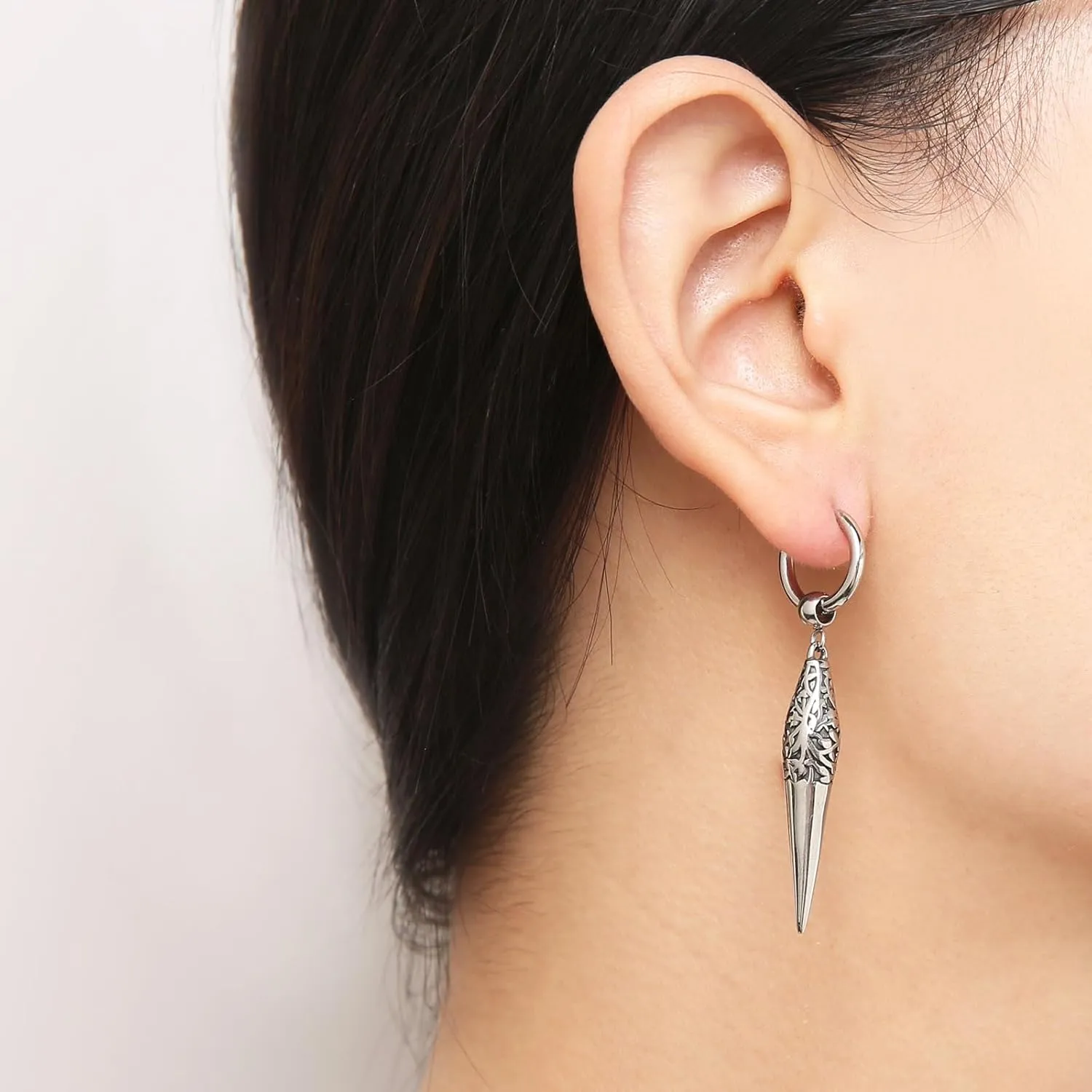 HZMAN Spike Dangle Drop Earring for Men Retro Gothic Stainless Steel Awl Earring Hinged Huggie Hoop Earring Jewelry Gift