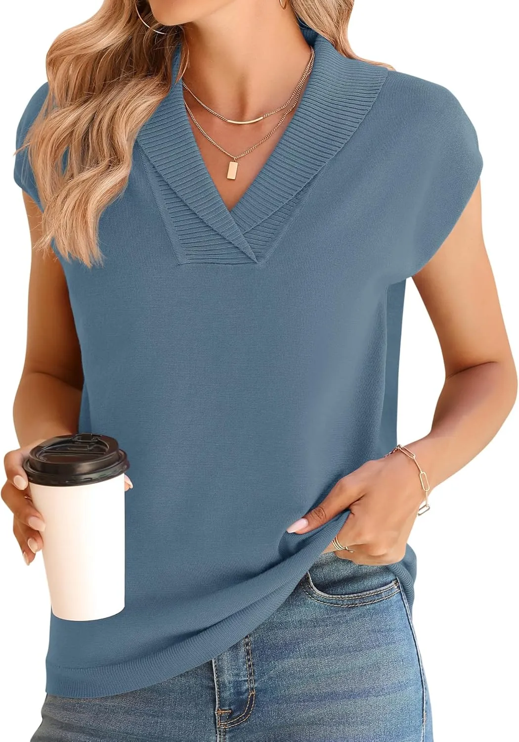 Ivicoer Sweater Vest Women V-Neck Knitted Pullover Short Cap Sleeve Collared Tops Dressy Casual 2025 Summer Fashion Trendy