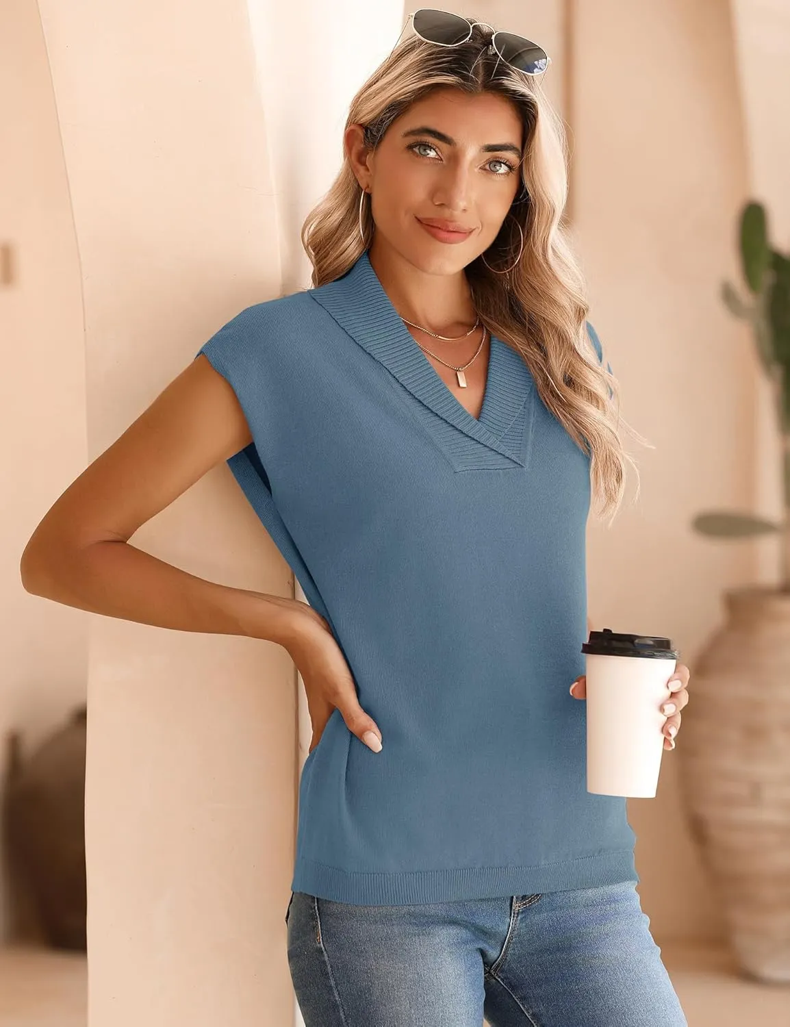 Ivicoer Sweater Vest Women V-Neck Knitted Pullover Short Cap Sleeve Collared Tops Dressy Casual 2025 Summer Fashion Trendy