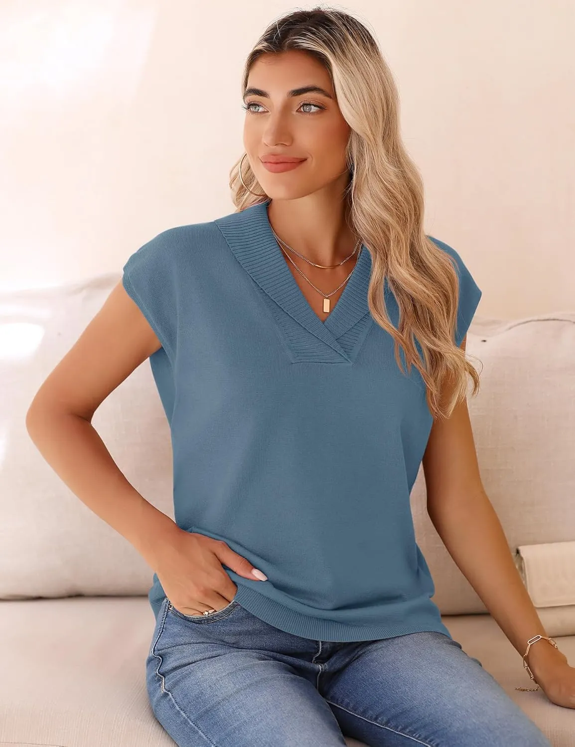 Ivicoer Sweater Vest Women V-Neck Knitted Pullover Short Cap Sleeve Collared Tops Dressy Casual 2025 Summer Fashion Trendy