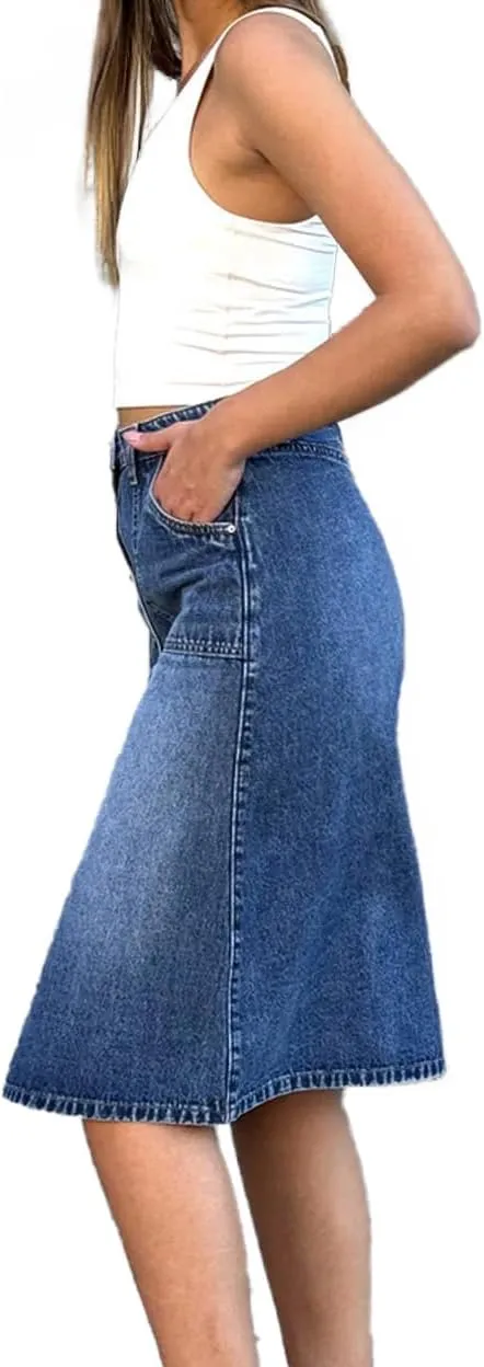 Jean Skirt for Women Denim Skirt High Waist Stretch Midi Denim Skirts with Pockets