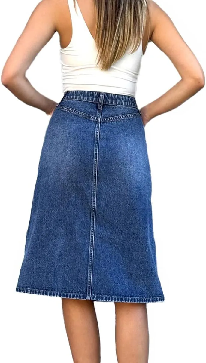 Jean Skirt for Women Denim Skirt High Waist Stretch Midi Denim Skirts with Pockets