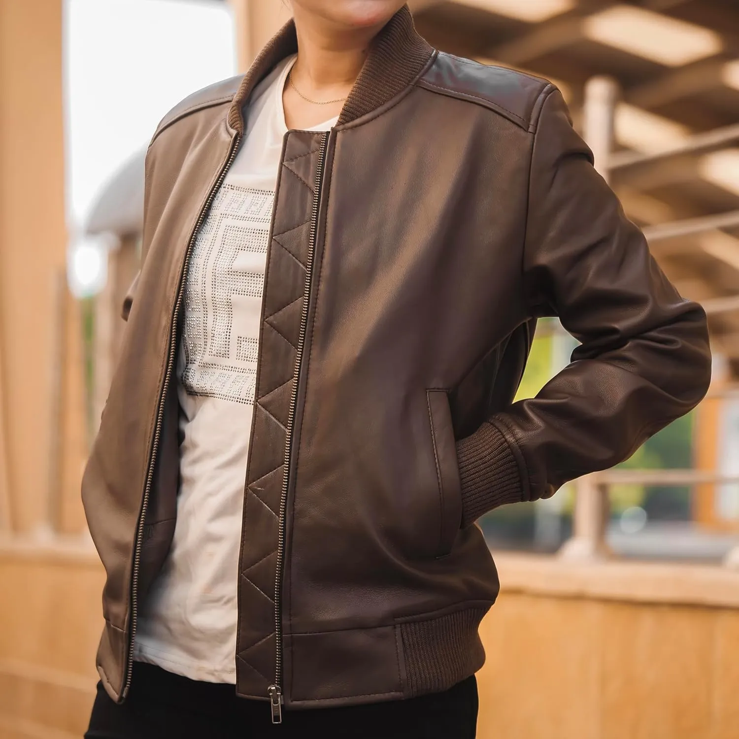 Jild Classical Varsity Style Leather Jacket Women - Casual Fashion Windbreaker Moto Biker Genuine Leather Bomber Jacket Women