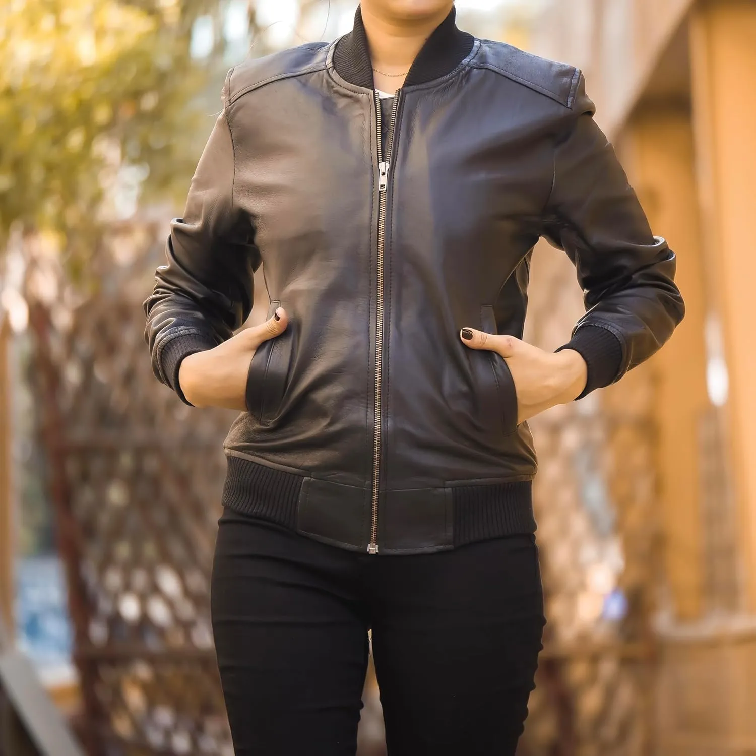 Jild Classical Varsity Style Leather Jacket Women - Casual Fashion Windbreaker Moto Biker Genuine Leather Bomber Jacket Women