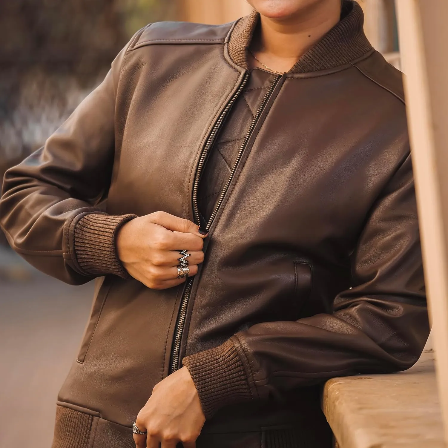 Jild Classical Varsity Style Leather Jacket Women - Casual Fashion Windbreaker Moto Biker Genuine Leather Bomber Jacket Women