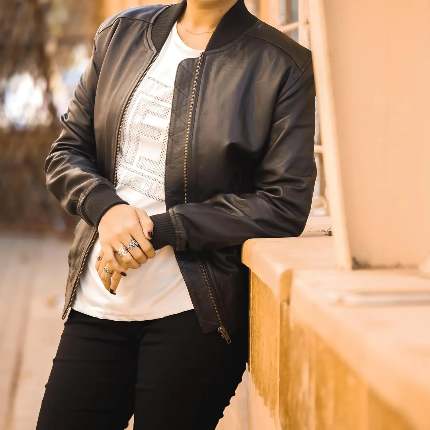 Jild Classical Varsity Style Leather Jacket Women - Casual Fashion Windbreaker Moto Biker Genuine Leather Bomber Jacket Women