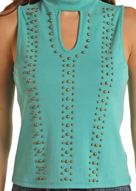 JUNIORS MOCK NECK KEYHOLE STUDDED TANK
