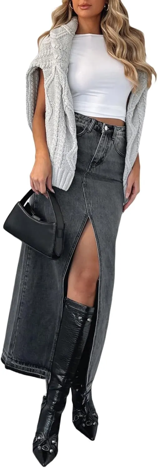 lisenraIn Women Long Denim Skirt Front Slit Maxi Skirt Y2K Fashion Streetwear High Waist Jean Skirt with Pockets