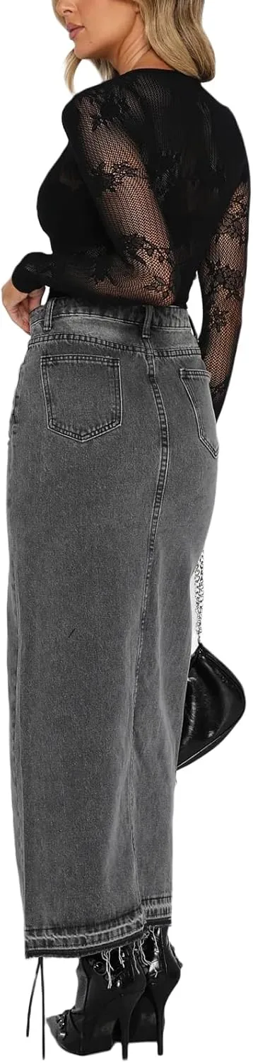 lisenraIn Women Long Denim Skirt Front Slit Maxi Skirt Y2K Fashion Streetwear High Waist Jean Skirt with Pockets