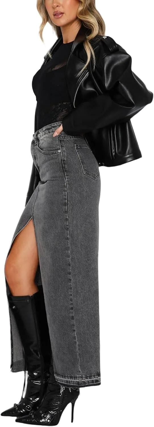lisenraIn Women Long Denim Skirt Front Slit Maxi Skirt Y2K Fashion Streetwear High Waist Jean Skirt with Pockets