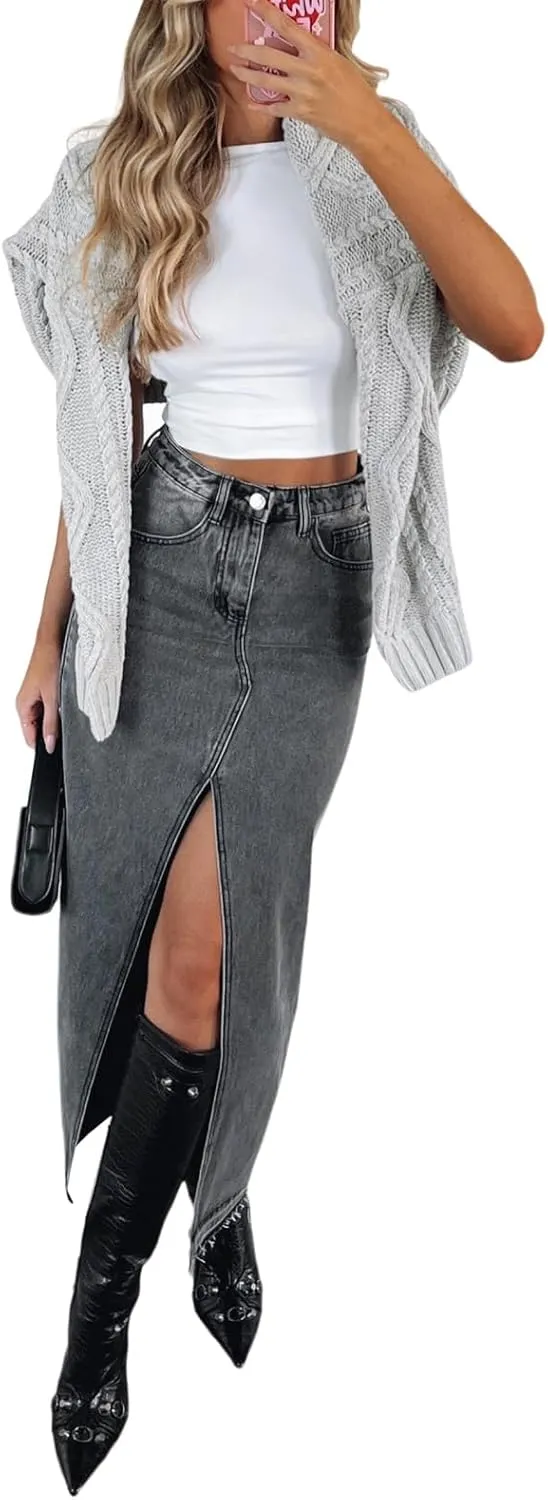 lisenraIn Women Long Denim Skirt Front Slit Maxi Skirt Y2K Fashion Streetwear High Waist Jean Skirt with Pockets