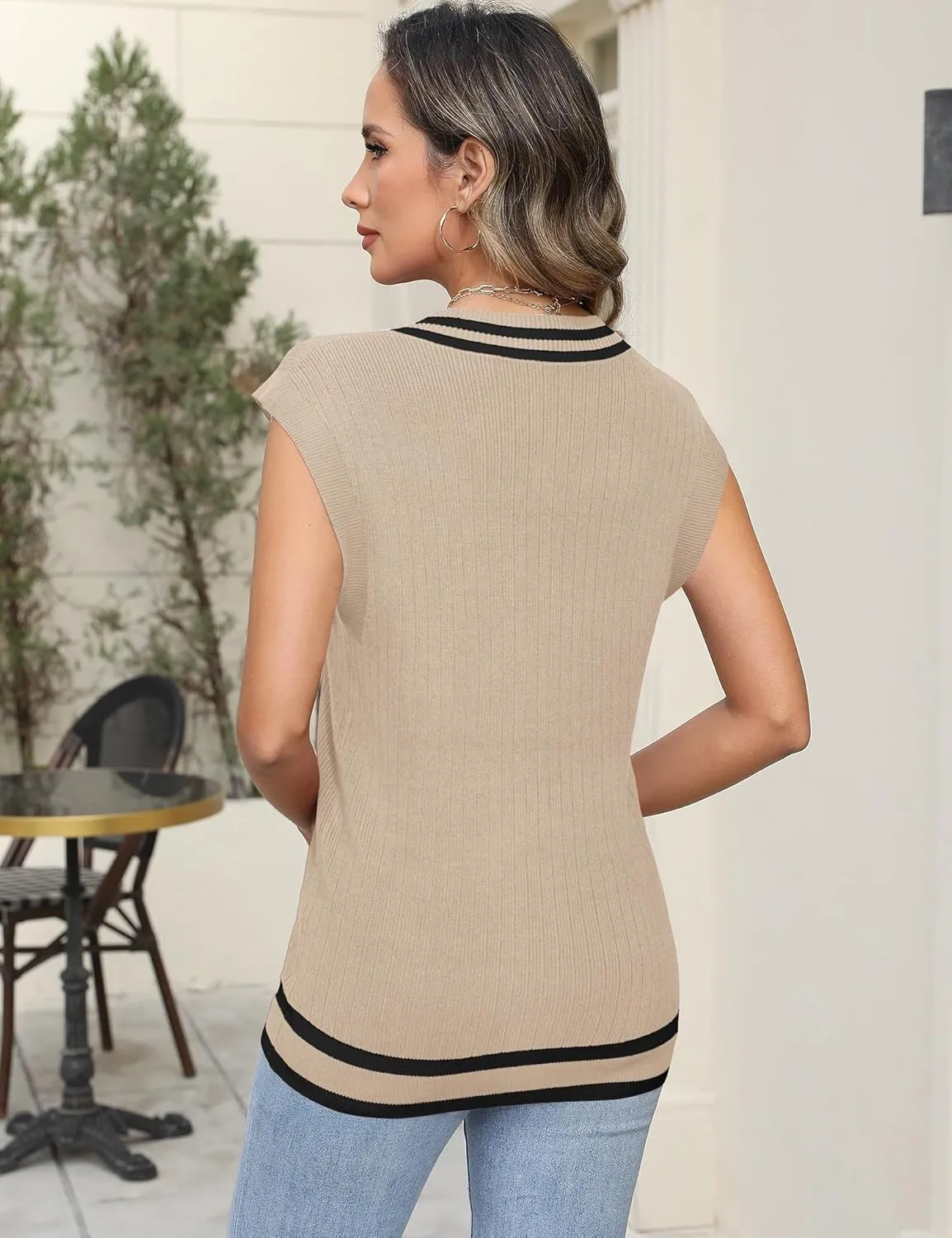 LOMON Womens V Neck Sweater Vest Cap Sleeve Cable Knit Casual Loose Fit Pullover Sleeveless Tank Top