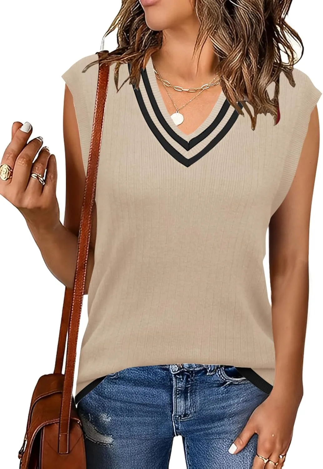 LOMON Womens V Neck Sweater Vest Cap Sleeve Cable Knit Casual Loose Fit Pullover Sleeveless Tank Top