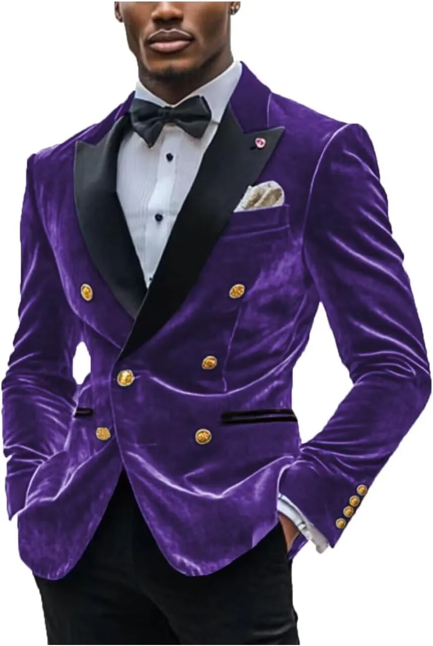Mens Double Breasted Blazer Jacket Velvet Peaked Lapel Sport Coat Winter Business Formal