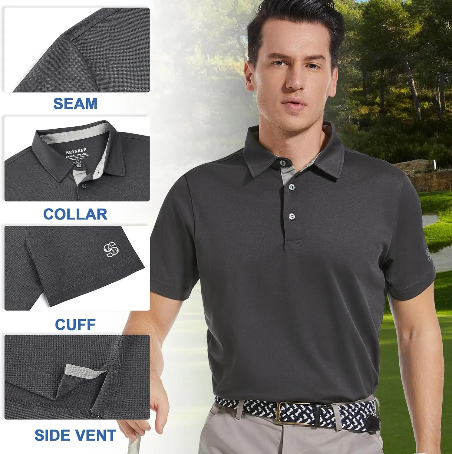 Mens Golf Shirt Short Sleeve Moisture Wicking Dry Fit Performance Solid Casual Pique Collared Golf Polo Shirts for Men