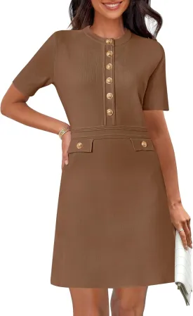 MEROKEETY Women's Knit Bodycon Sweater Dress Button Short Sleeve Crew Neck Elegant Formal Mini Dress