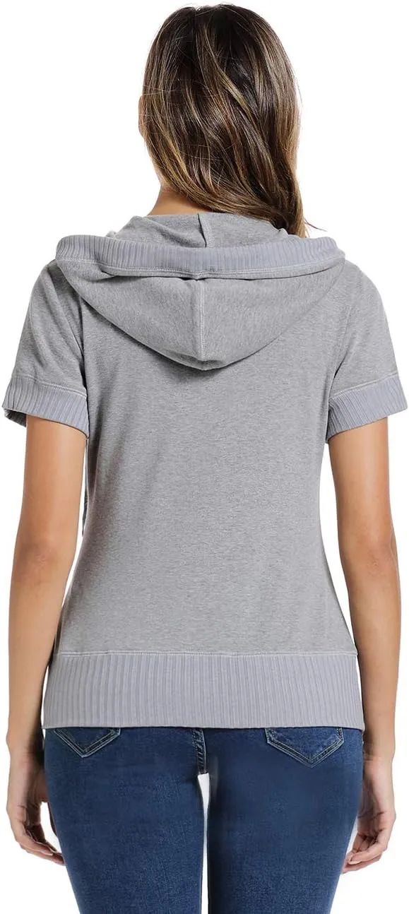 MISS MOLY Women's Short Sleeve Hoodie Full Zip Up Cotton Slim Fit Sweatshirt with Pocket