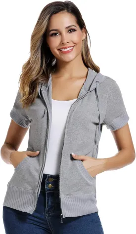 MISS MOLY Women's Short Sleeve Hoodie Full Zip Up Cotton Slim Fit Sweatshirt with Pocket