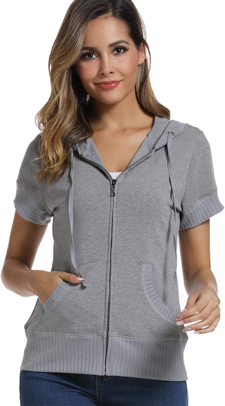 MISS MOLY Women's Short Sleeve Hoodie Full Zip Up Cotton Slim Fit Sweatshirt with Pocket
