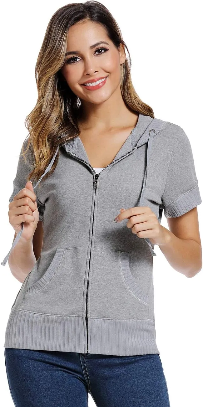 MISS MOLY Women's Short Sleeve Hoodie Full Zip Up Cotton Slim Fit Sweatshirt with Pocket