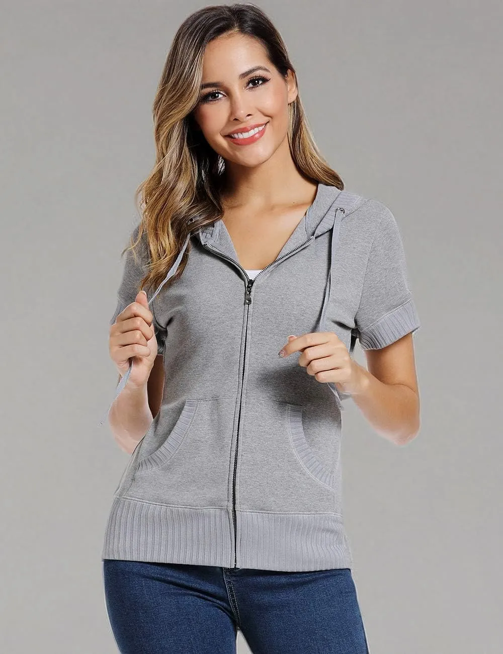 MISS MOLY Women's Short Sleeve Hoodie Full Zip Up Cotton Slim Fit Sweatshirt with Pocket