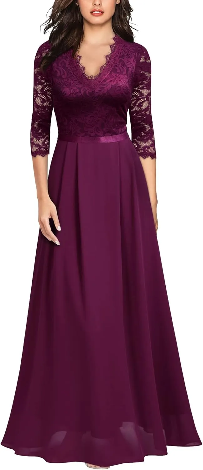 MISSMAY Women's Formal Floral Lace 2/3 Sleeves Long Evening Party Maxi Dress