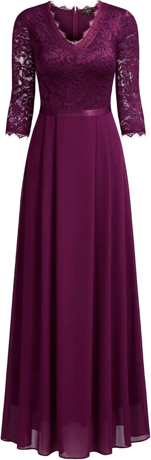 MISSMAY Women's Formal Floral Lace 2/3 Sleeves Long Evening Party Maxi Dress