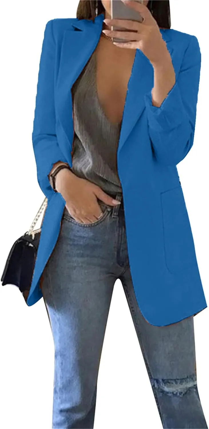 OMZIN Women's Lapel Pockets Long Sleeve Blazer Open Front Coat Jacket