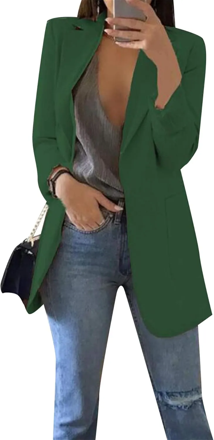 OMZIN Women's Lapel Pockets Long Sleeve Blazer Open Front Coat Jacket