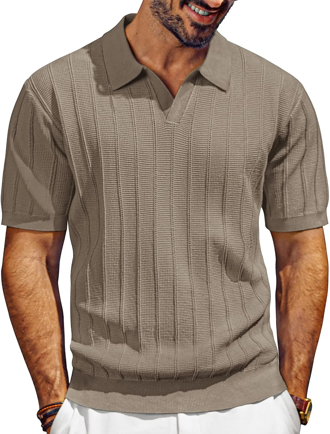 PJ PAUL JONES Mens Polo Shirts V-Neck Knit Polo Textured Summer Shirts