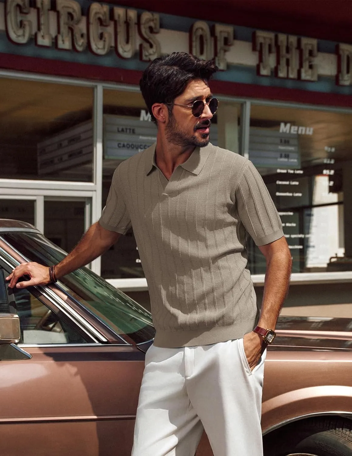 PJ PAUL JONES Mens Polo Shirts V-Neck Knit Polo Textured Summer Shirts