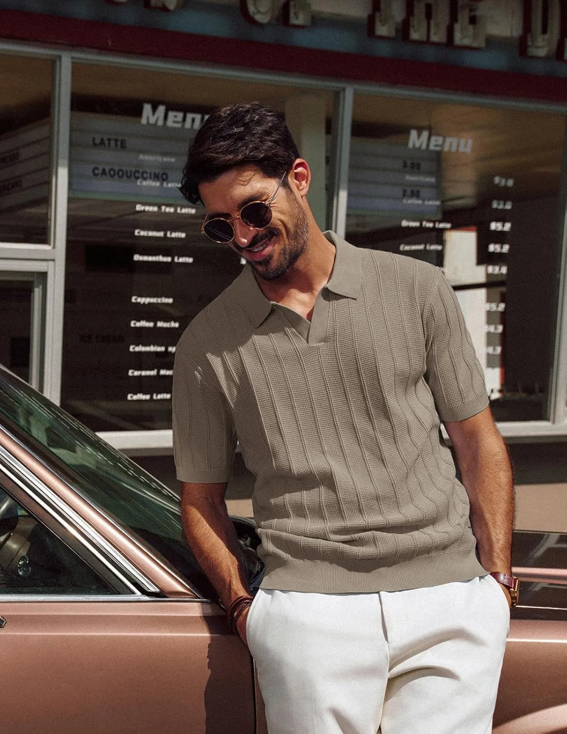 PJ PAUL JONES Mens Polo Shirts V-Neck Knit Polo Textured Summer Shirts