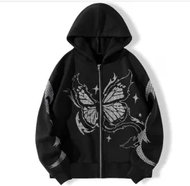 POHADON Y2k Vintage Zip Up Hoodie for Women Oversized Butterfly Graphic Long Sleeve Hooded Aesthetic Sweatshirt Jacket