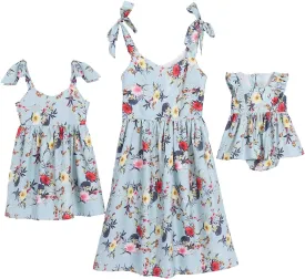 PopReal Mommy and Me Floral Printed Dresses Shoulder Straps Bowknot Chiffon Sleeveless Beach Mini Sundress