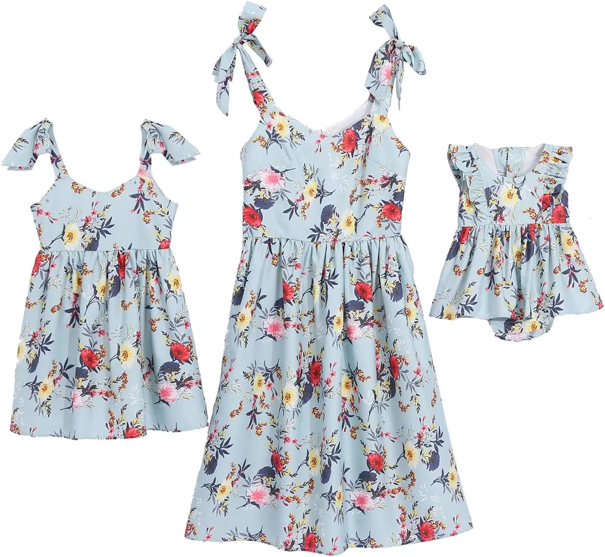 PopReal Mommy and Me Floral Printed Dresses Shoulder Straps Bowknot Chiffon Sleeveless Beach Mini Sundress