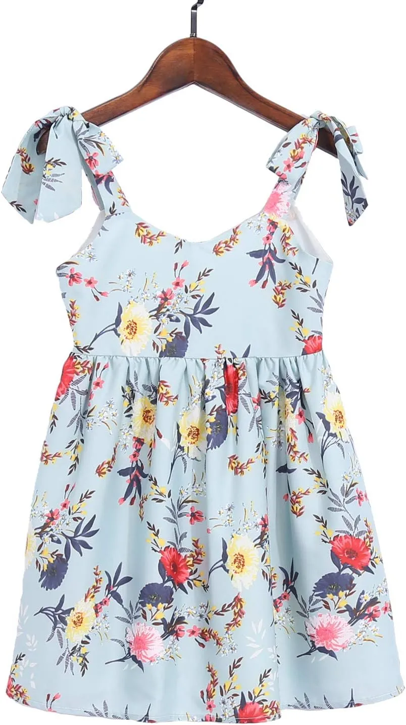 PopReal Mommy and Me Floral Printed Dresses Shoulder Straps Bowknot Chiffon Sleeveless Beach Mini Sundress