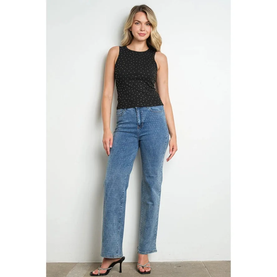 Rhinestone Embellished Ribbed Tank Top