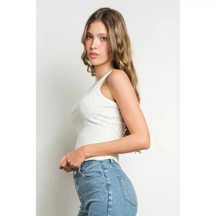 Rhinestone Embellished Ribbed Tank Top
